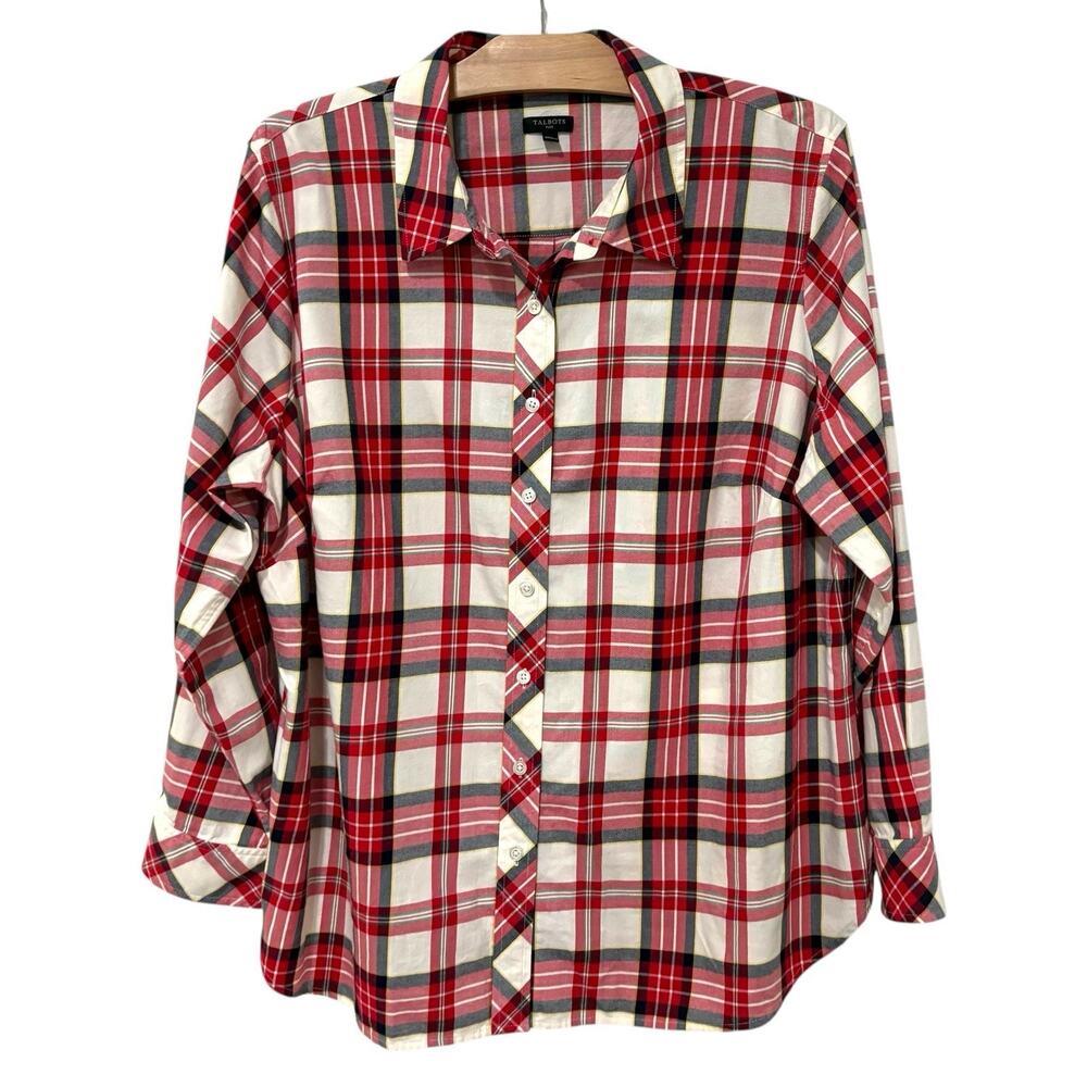 Talbots | Top Button Front Plaid Red Long Sleeve Classic Holiday Cotton- 2X Plus